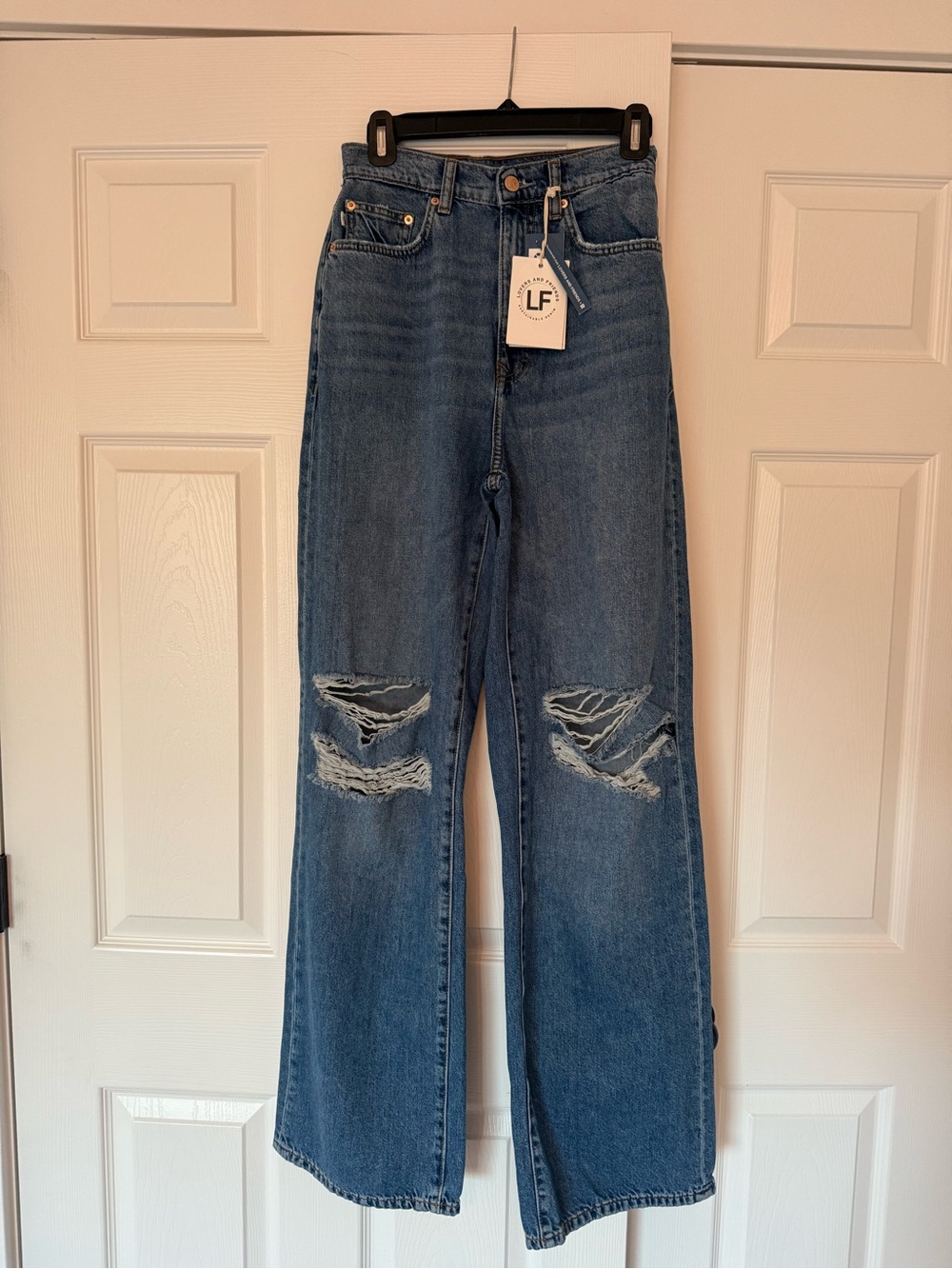 Lovers + Friends Medium Blue High-Rise Wide-Leg Distressed Jeans